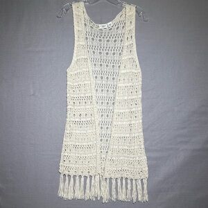 Crochet cardigan open knit long fringed Coachella country southwestern ivory L